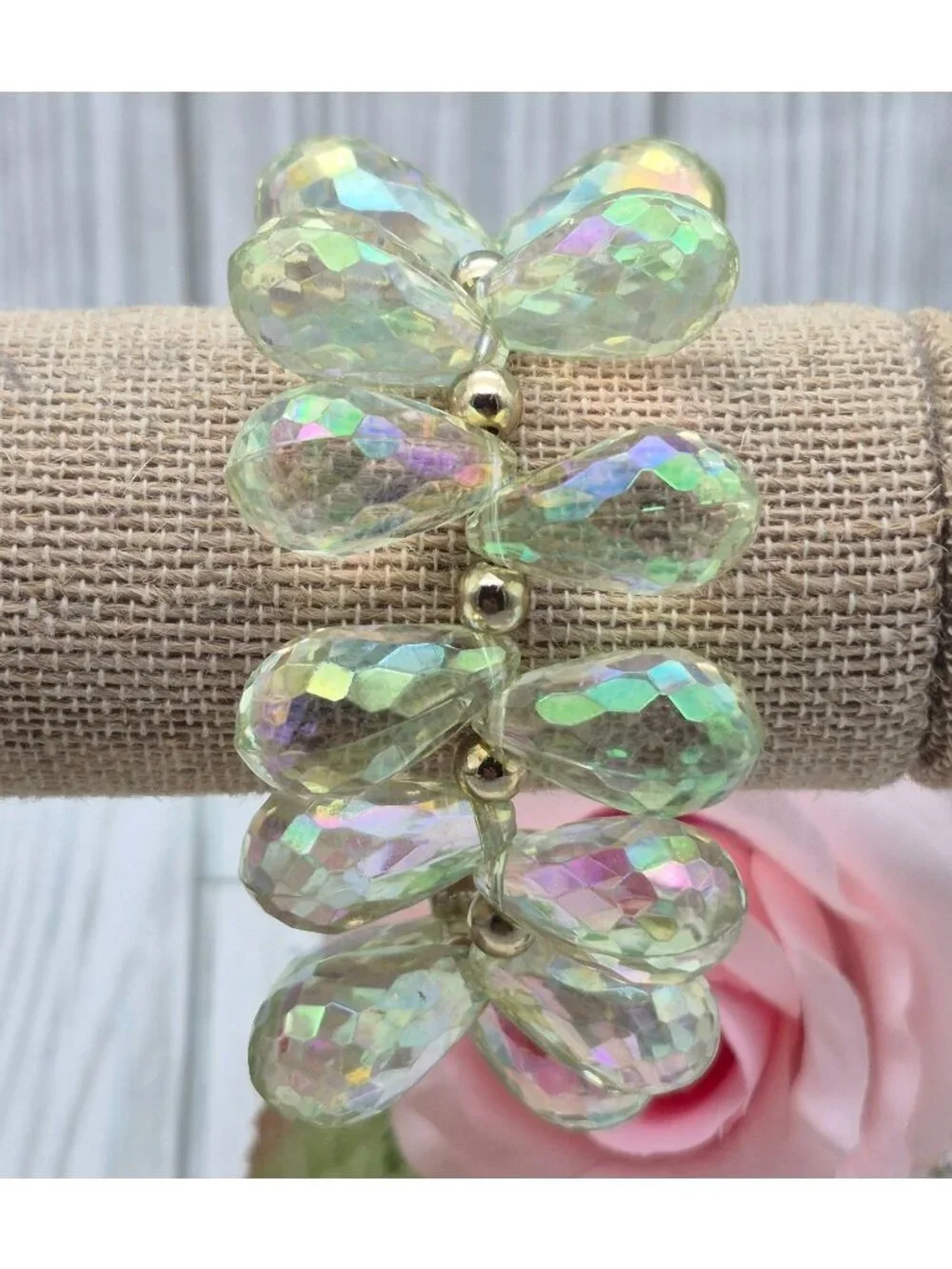 AB Aurora Borealis Crystal Dangle Teardrop Cha Cha Stretch Bracelet Statement